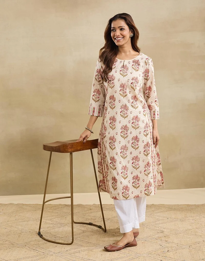 Fabindia White Cotton Long Kurta