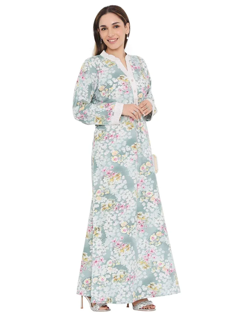 هانا آند سارا LONG VISCOSE FLORAL PRINTED COLLAR ARABIC KAFTAN JALABIYA FARASHA DRESS