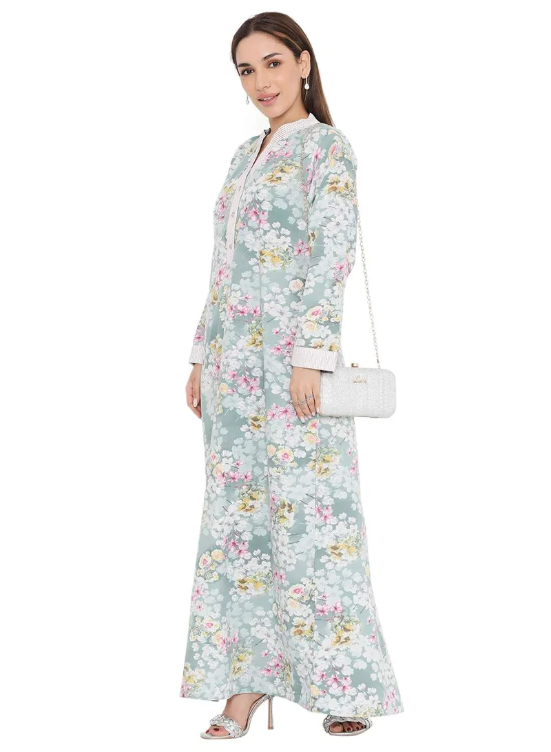 هانا آند سارا LONG VISCOSE FLORAL PRINTED COLLAR ARABIC KAFTAN JALABIYA FARASHA DRESS