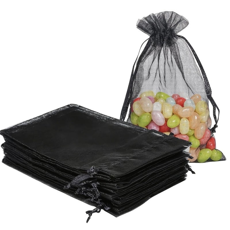 100pc Black 9x12 cm Mesh Drawstring Gift Bags Reusable for Party Favors Wrapping - Image 1