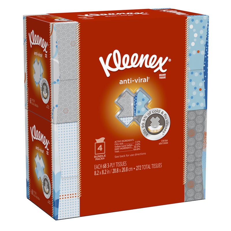 Kleenex AntiViral Facial Tissues Cube Box 68 Tissues per Cube Box 4 Packs