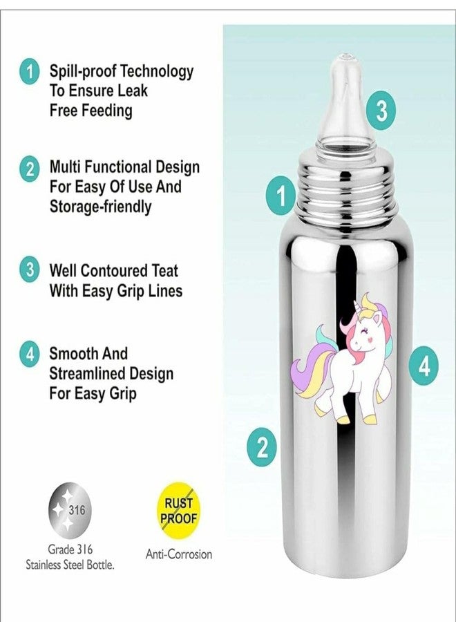 Miracle Moms Stainless Steel Feeding Bottle 304 Grade Steel with Anti Colic Silicone Nipples - 250 ml (Silver) /Ideal for Newborns and Toddlers (Pack of 1) Unicorn Theme - Image 3