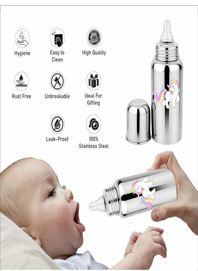 Miracle Moms Stainless Steel Feeding Bottle 304 Grade Steel with Anti Colic Silicone Nipples - 250 ml (Silver) /Ideal for Newborns and Toddlers (Pack of 1) Unicorn Theme - Image 2