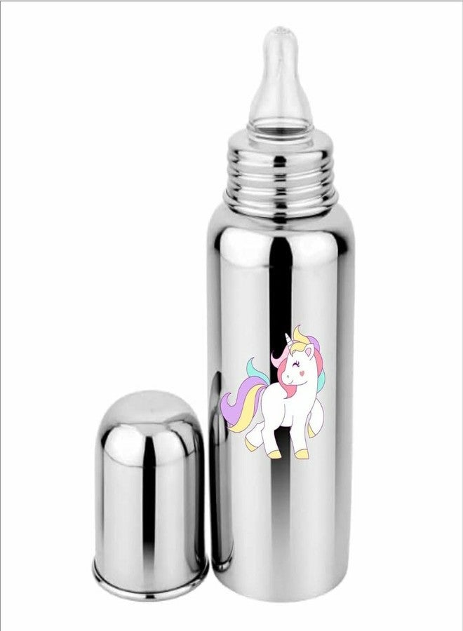 Miracle Moms Stainless Steel Feeding Bottle 304 Grade Steel with Anti Colic Silicone Nipples - 250 ml (Silver) /Ideal for Newborns and Toddlers (Pack of 1) Unicorn Theme - Image 1
