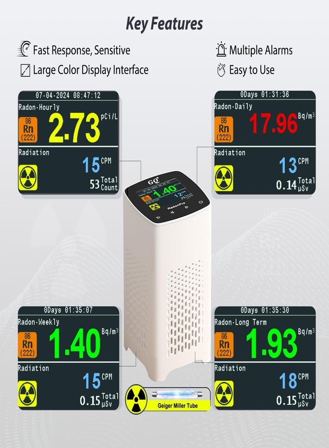 GQ Radon Detector Radon Pro 2-in-1 Radon Monitor Nuclear Radiation Detector Geiger Counter simultaneously detection fast accurate color simple display USA design - Image 3