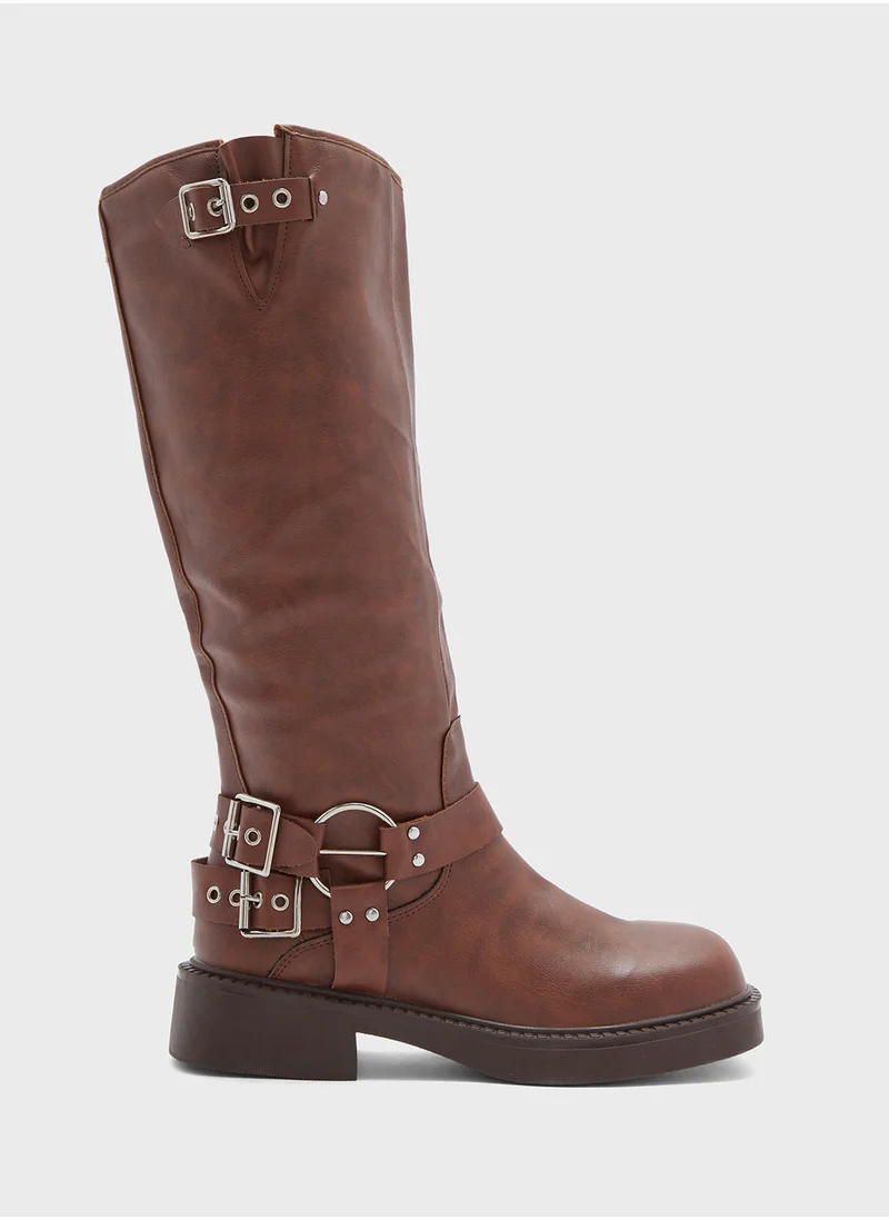 Ginger Biker Boots With Multiple Buckles