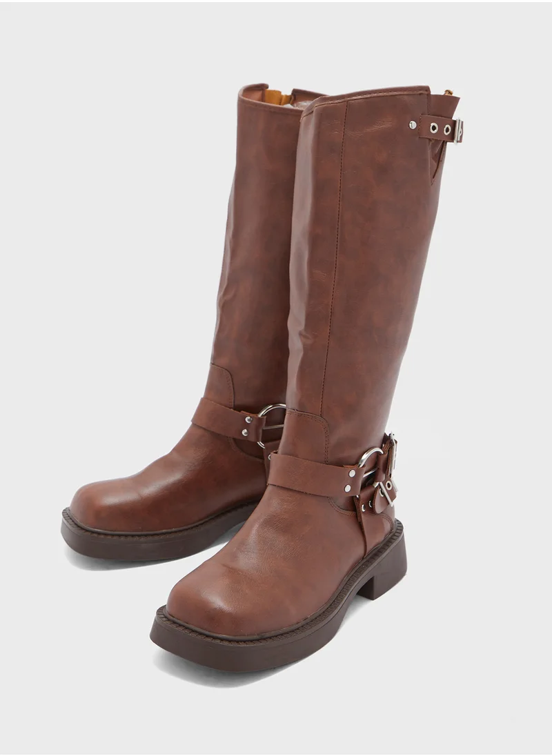 Ginger Biker Boots With Multiple Buckles