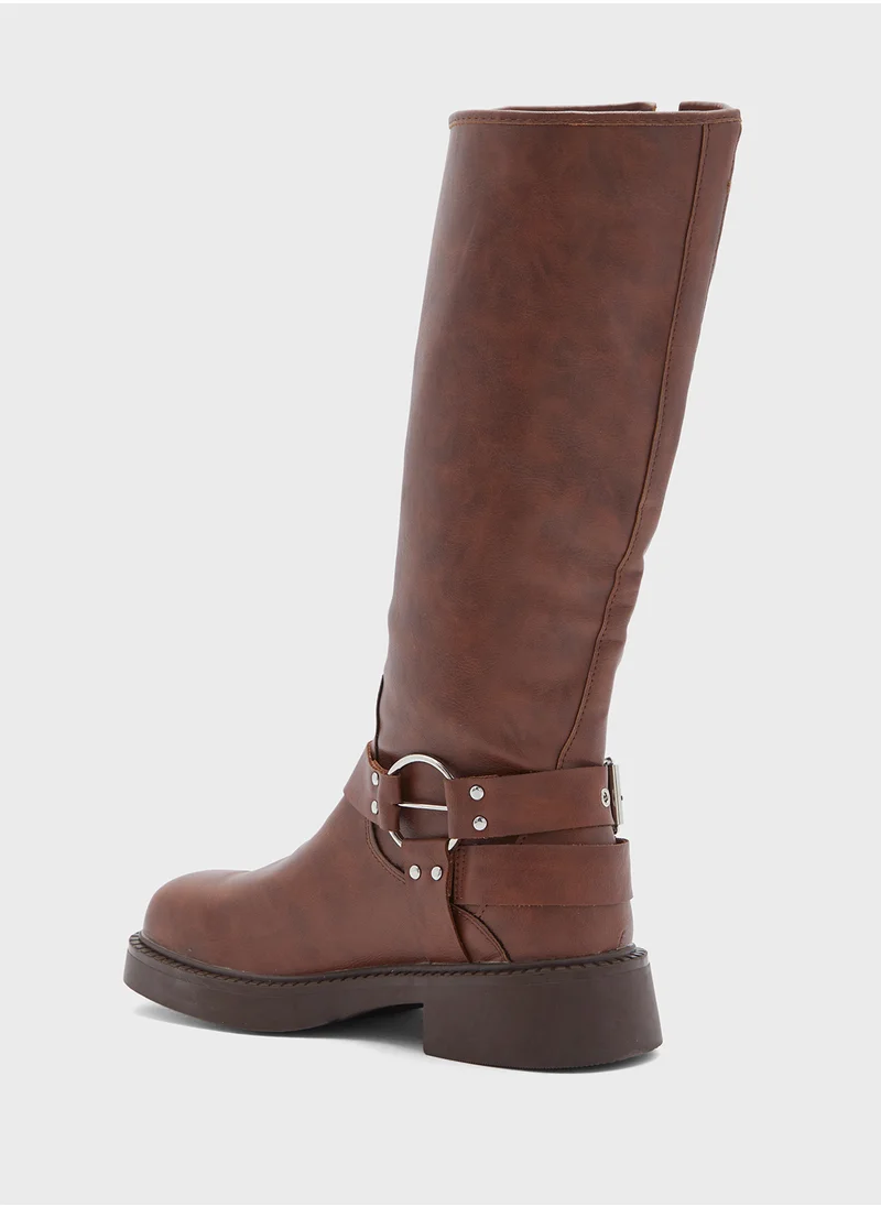 Ginger Biker Boots With Multiple Buckles