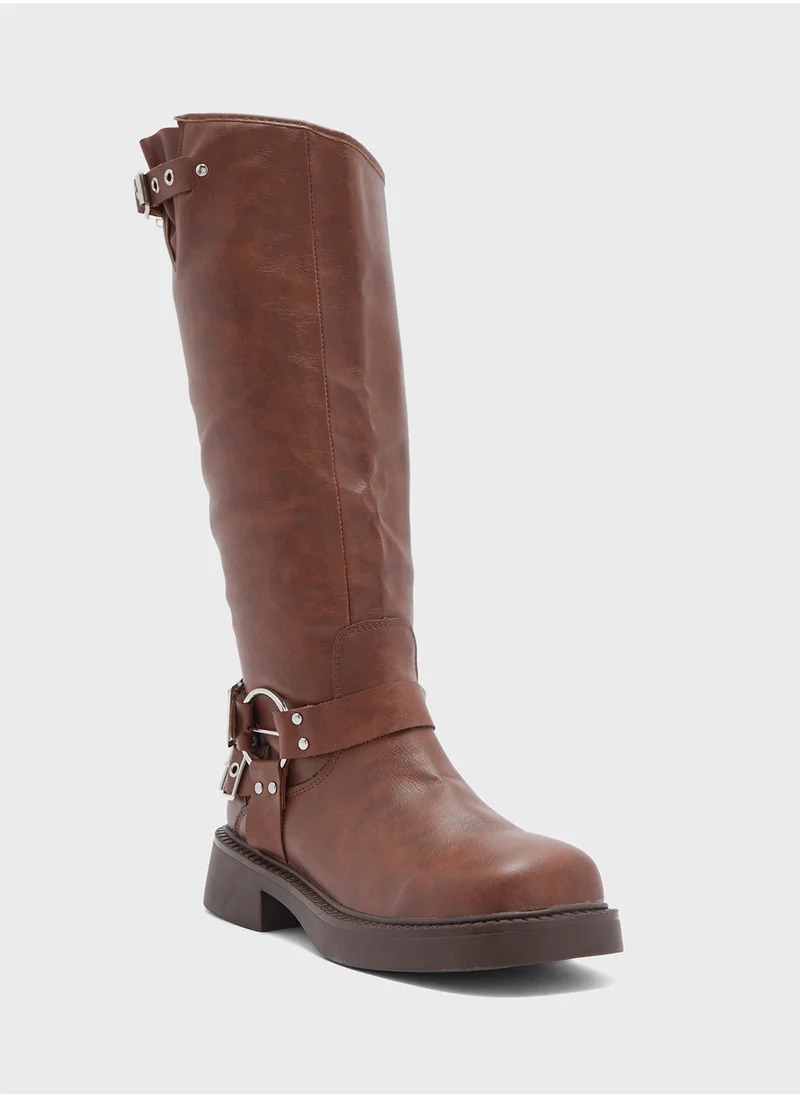 Ginger Biker Boots With Multiple Buckles