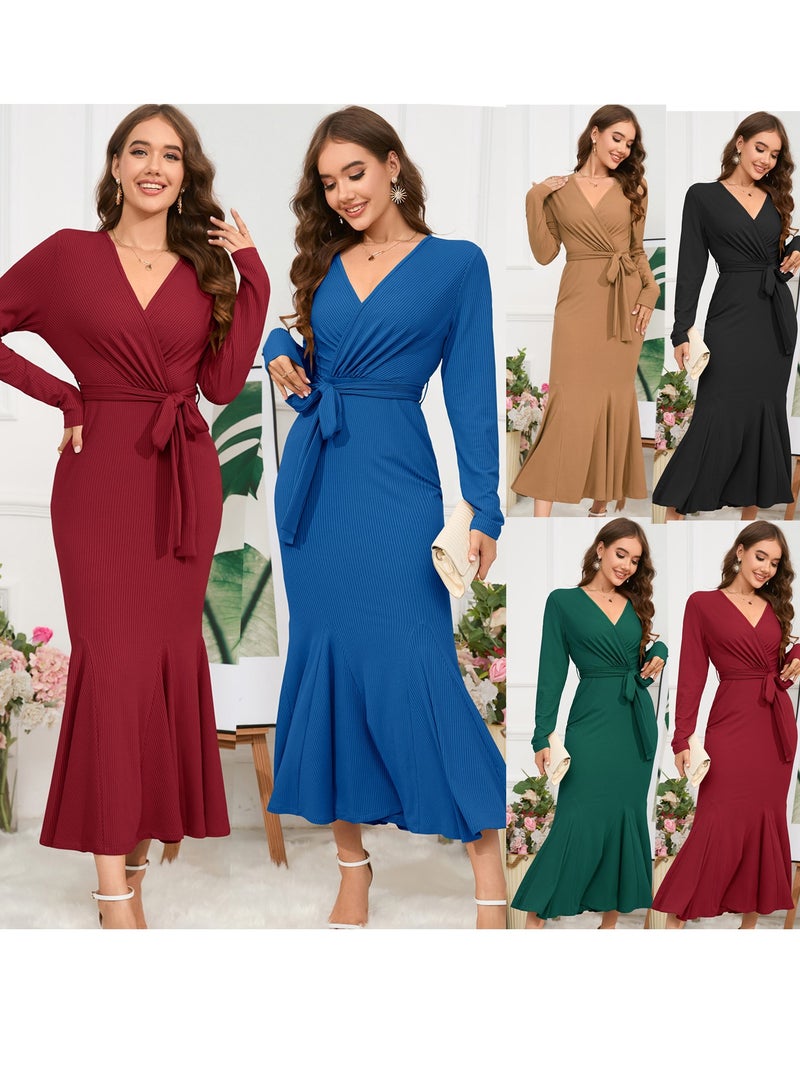KUYING New V-Neck Long Sleeved Slim Fit Style Fishtail Skirt Knitted Long Dress Dress  - Image 2