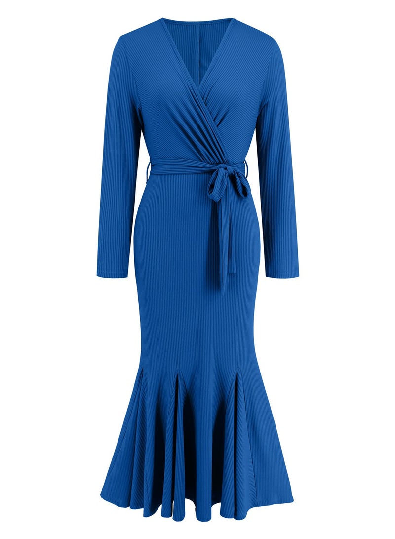KUYING New V-Neck Long Sleeved Slim Fit Style Fishtail Skirt Knitted Long Dress Dress  - Image 1