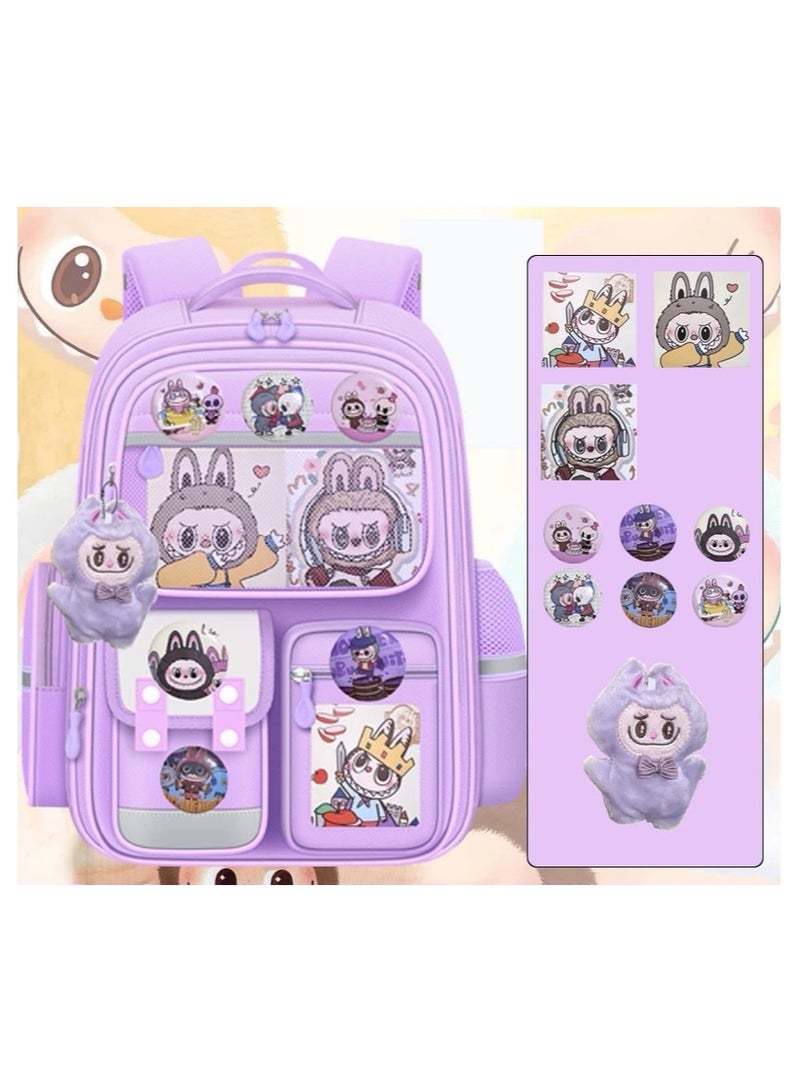 لابوبو حقيبة لابوبو الابتدائية للبنات، خفيفة الوزن، بسعة كبيرة، مقاس كبير 42*30*20 سم (بطاقة + شارة + دمية محشوة)