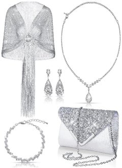 Tiamon Tiamon 5 Pcs Rhinestone Jewelry Sets Shawls and Wraps Formal Clutch Purses for Women Evening Dresses Bridal Weddings (Silver, Glitter) 