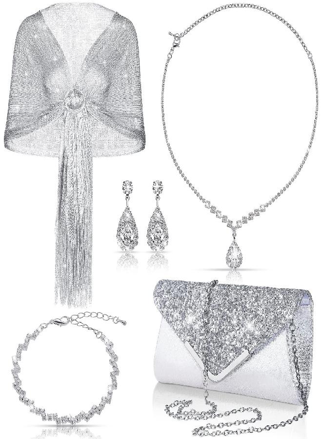 Tiamon Tiamon 5 Pcs Rhinestone Jewelry Sets Shawls and Wraps Formal Clutch Purses for Women Evening Dresses Bridal Weddings (Silver, Glitter) 