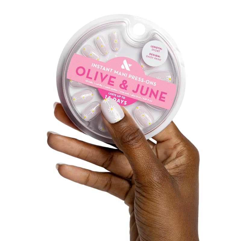 Olive & June Instant Mani Press-On Nails (Glue) | 42 Fake Nails, 21 Sizes | Non-Toxic, Long-Lasting Recycled Materials Realistic Look | Spring Flowers & Patterns | Short, Round |Daisy Chain - Image 1