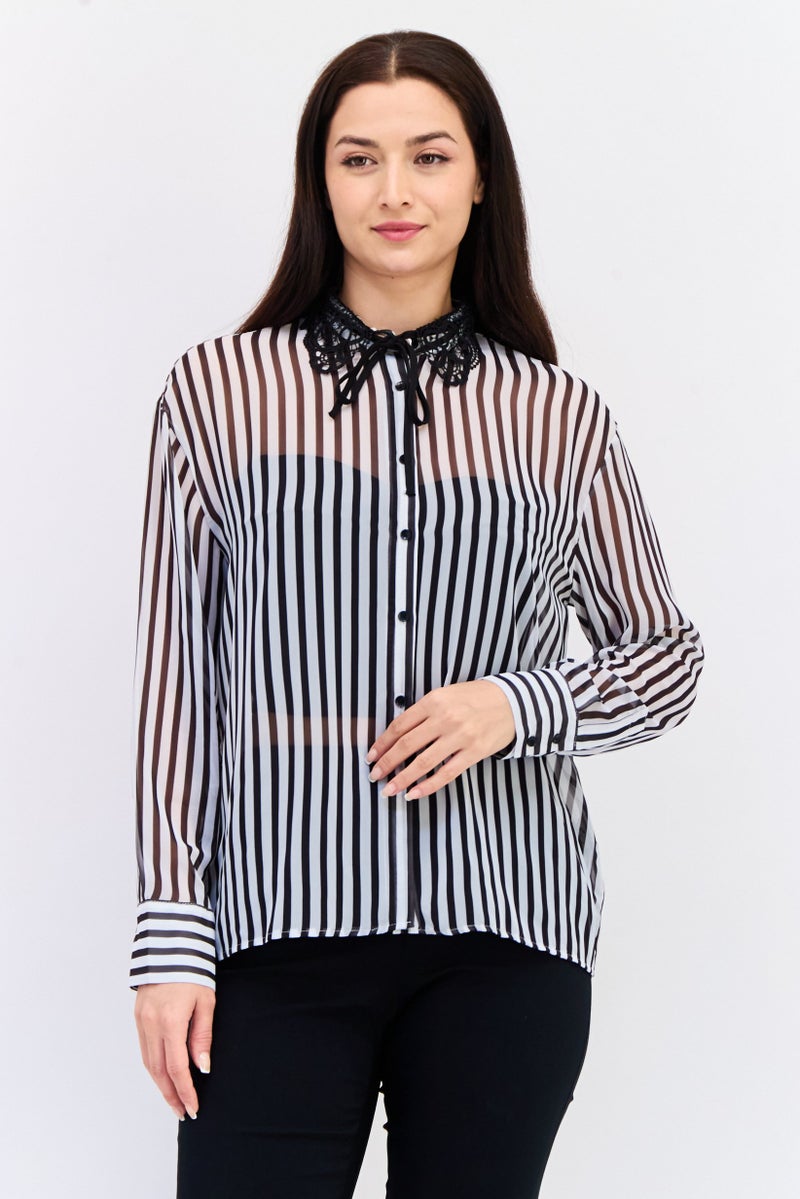 KOTON Women Regular Fit Stripe Long Sleeves Shirt, Multicolor - Image 1