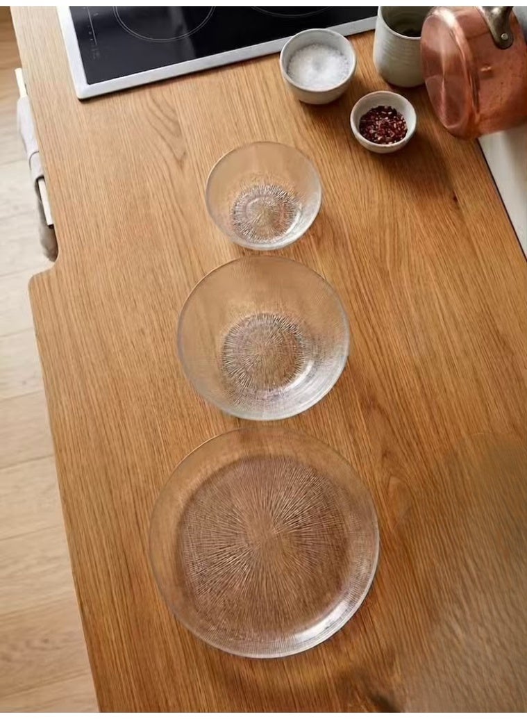 This 3-piece clear glass dinnerware set features a modern and elegant design. - Image 2