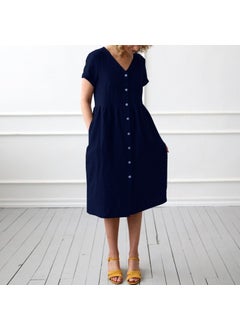 1Tarz 1Style Barbora Linen Casual Summer V Neck Short Sleeve Button Detail Women's Dress LN278LACIVERT13  - Image 1