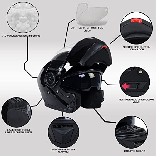 Milwaukee Helmets MPH9815DOT Breeze Gloss Black Advanced Motorcycle Modular Helmet Biker w Drop Down Visor Small - Image 3