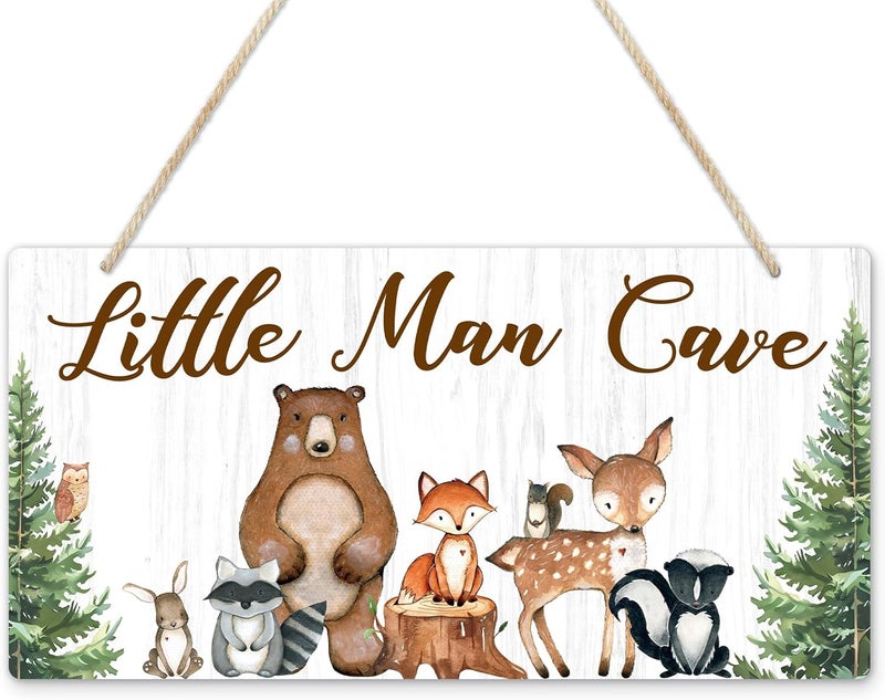 Uflashmi Wood Liitle Man Cave Sign Woodland Animal Nursery Wall Decor for Baby Boys Room Woodland Theme Nursey Room Decor for Toddler Boy 12x6 - Image 1