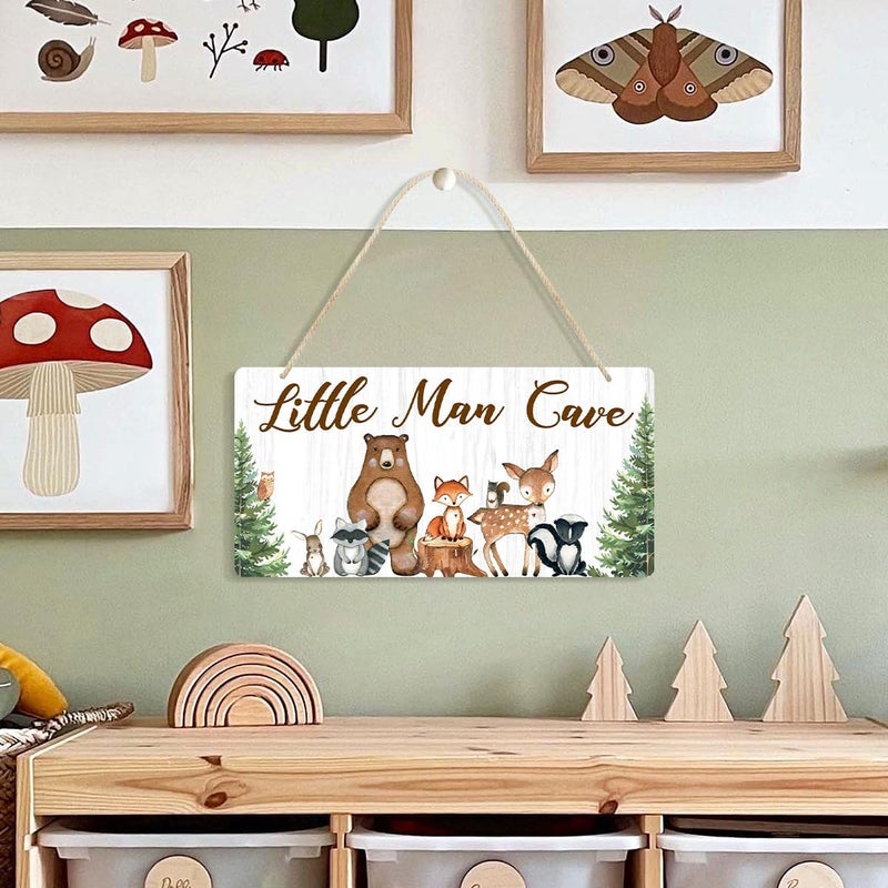 Uflashmi Wood Liitle Man Cave Sign Woodland Animal Nursery Wall Decor for Baby Boys Room Woodland Theme Nursey Room Decor for Toddler Boy 12x6 - Image 2