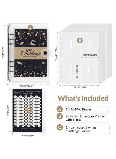 SKYDUE 100 Envelopes Money Saving Challenge Binder, Money Saving Binder with Laminated $5050 Tracker Sheet & Pre-numbered Pockets