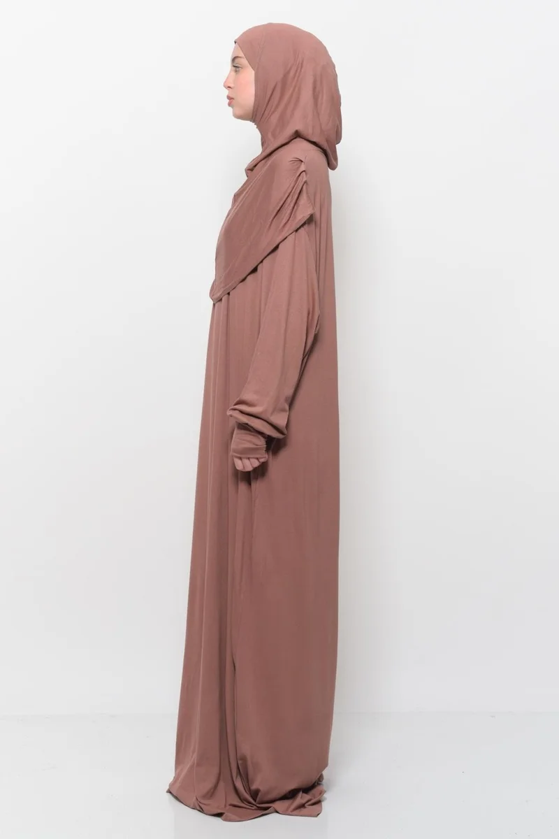 التوبة Practical One Piece Cotton Bat Sleeves Removable Organic Hijab Prayer Dress with Headscarf - Earthenware