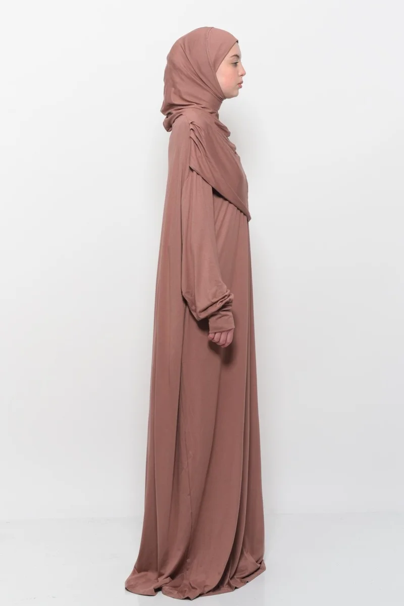 التوبة Practical One Piece Cotton Bat Sleeves Removable Organic Hijab Prayer Dress with Headscarf - Earthenware