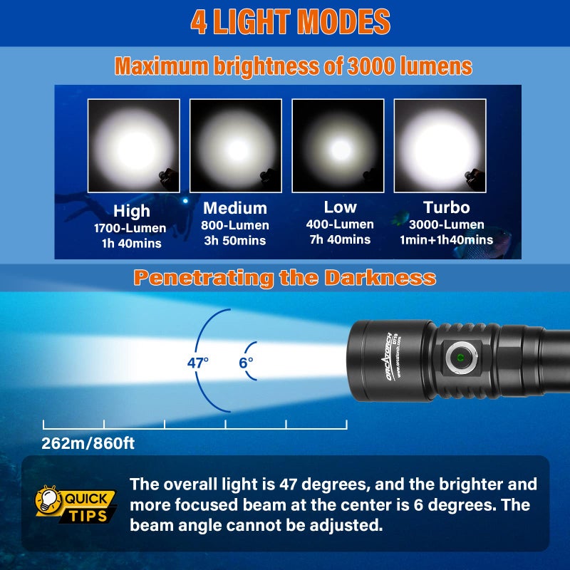 ORCATORCH مصباح الغوص ORCATORCH D710، 3000 لومن ضوء تحت الماء فائق السطوع مع شعاع ضيق بزاوية 6 درجات، مصباح غوص ليلي مقاوم للماء IP68 يصل إلى 150 متر (أسود) - Image 2