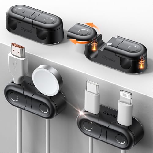 Chfeila Magnetic Cable Clips - Chfeila 4Pack [Dual Slot] [360°Rotating & Twist-Lock] Cord Management, Adhesive Phone Charging Keeper, Wire Organizer Holder for Nightstand, Home Office Desk Accessories Decor - Image 1