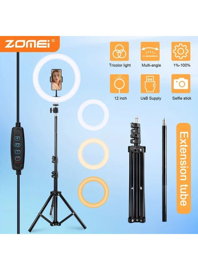 12 بوصة ضوء دائري أسود مع ثلاثة أوضاع حامل أرضي ثلاثي القوائم للبث المباشر ومكياج التصوير - Image 2