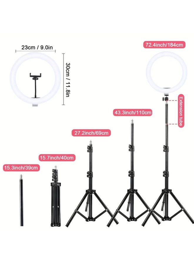 12 بوصة ضوء دائري أسود مع ثلاثة أوضاع حامل أرضي ثلاثي القوائم للبث المباشر ومكياج التصوير - Image 4