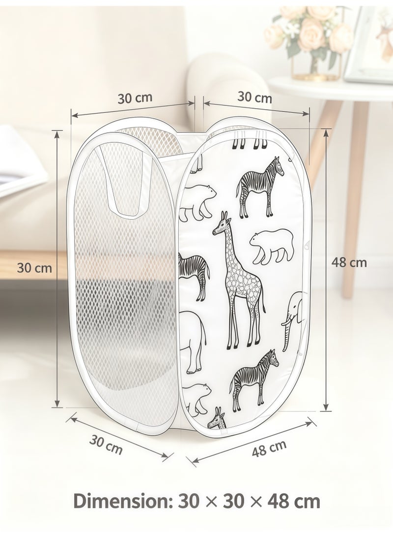 Collapsible Animal Theme Mesh Laundry Hamper Basket 30x30x48cm Pop Up Clothes Hamper Toy Storage Bin Organizer - Cute Nursery Clothes Basket Bag for Kids & Home (White) - Image 1