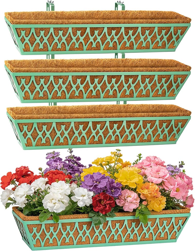 Karlliu 4 Pack 30 Inch Window Boxes Planters Railing Planter Box with Adjustable Brackets for Porch Fence Patio Balcony Hanging Flower Baskets with Coco Liners for Outdoor Garden Decor - Green - Image 1