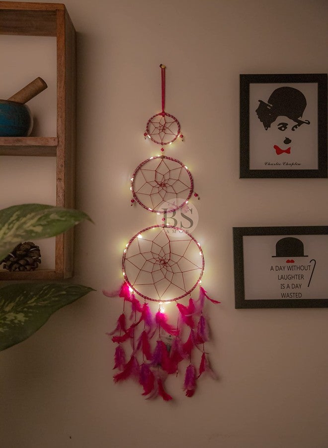 BS AMOR Dream Catcher with Lights, Wall Hangings, Crafts, Home Decor, Handmade for Bedroom, Balcony, Garden, Party, Café, Decoration, Wedding, Decorative, Pink Pastel Purple Feathers (17 cm Diameter) - Image 1
