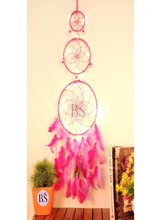 BS AMOR Dream Catcher with Lights, Wall Hangings, Crafts, Home Decor, Handmade for Bedroom, Balcony, Garden, Party, Café, Decoration, Wedding, Decorative, Pink Pastel Purple Feathers (17 cm Diameter) - Image 2