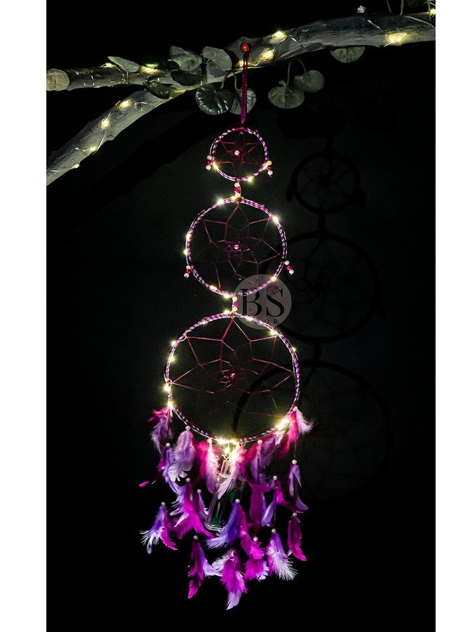 BS AMOR Dream Catcher with Lights, Wall Hangings, Crafts, Home Decor, Handmade for Bedroom, Balcony, Garden, Party, Café, Decoration, Wedding, Decorative, Pink Pastel Purple Feathers (17 cm Diameter) - Image 3