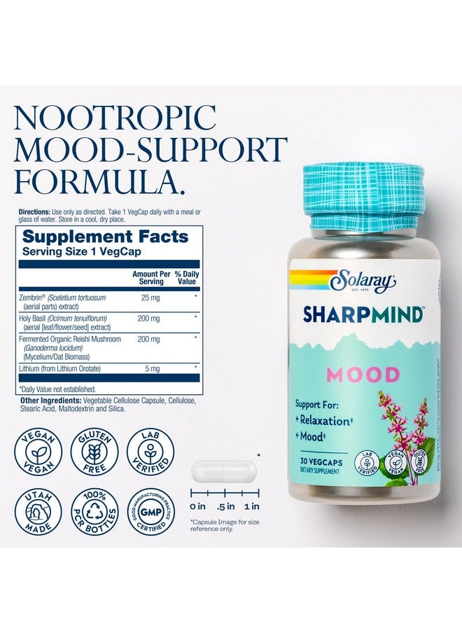Solaray SOLARAY SharpMind Mood Support Supplement, Nootropic for Relaxation and Stress Relief, Zembrin, Holy Basil, Lithium 5mg, Organic Reishi Mushroom, 60 Day Guarantee, 30 Servings, 30 VegCaps  - Image 2