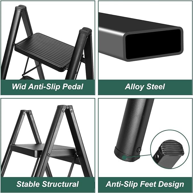Juflix Juflix 3Step Ladder AntiSlip Pedals Foldable Alumium Step Stool Cushioned Handlebar Lightweight and Portable Perfect for Home Kitchen Indoor and Outdoor Black  - Image 4