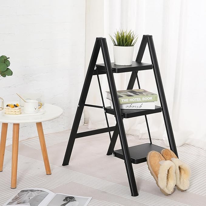 Juflix Juflix 3Step Ladder AntiSlip Pedals Foldable Alumium Step Stool Cushioned Handlebar Lightweight and Portable Perfect for Home Kitchen Indoor and Outdoor Black  - Image 1