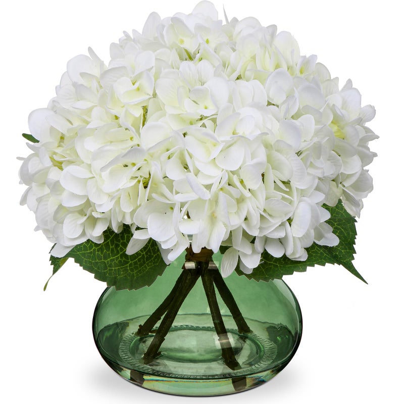 Hollyone White Hydrangeas Floral Arrangement in Glass Vase Artificial Flowers with Vase with Faux Water Silk Faux Flowers Fake Floral Bulk Bouquet for Home Decor Table Centerpiece Decorations - Image 1