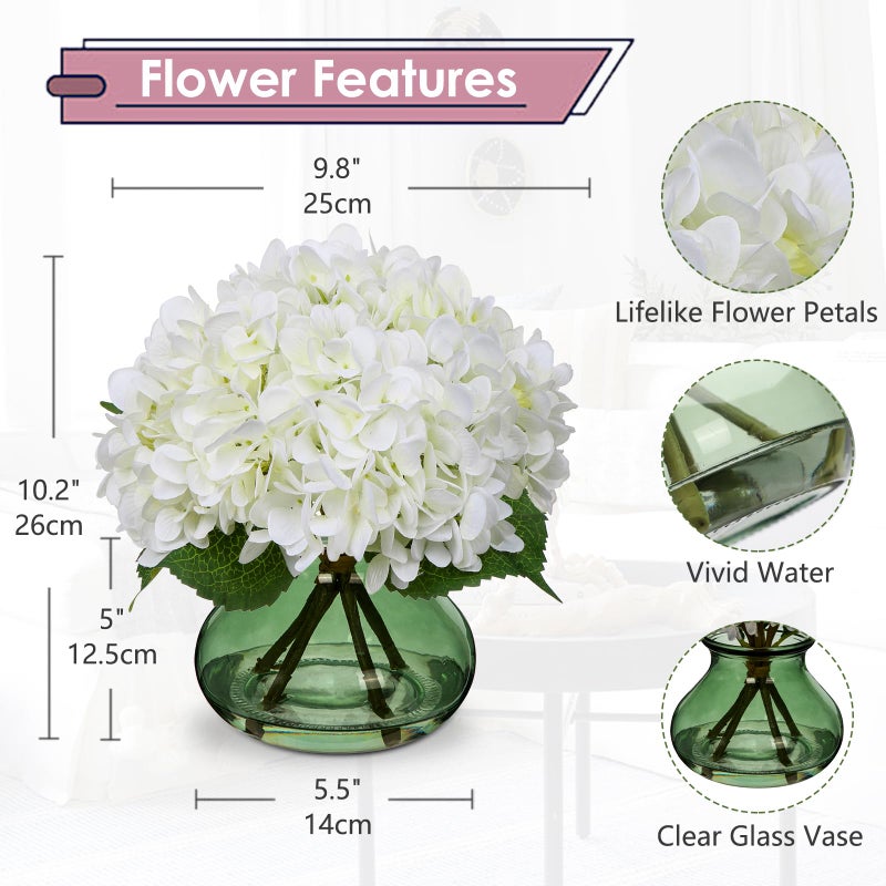 Hollyone White Hydrangeas Floral Arrangement in Glass Vase Artificial Flowers with Vase with Faux Water Silk Faux Flowers Fake Floral Bulk Bouquet for Home Decor Table Centerpiece Decorations - Image 2