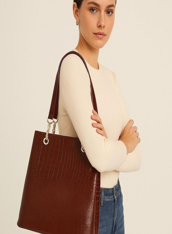JAISOM Women's Tote Handbag | Stylish Shoulder Bag for Office, College, Casual & Party Use,Spacious & Lightweight (Crocodial Brown_BZ) - Image 2