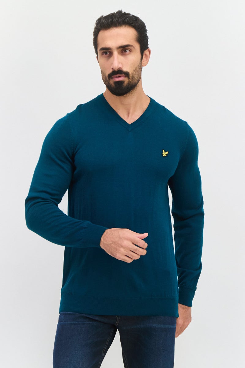 Lyle & Scott Men V Neck Embroidered Logo Long Sleeve Sweater, Teal - Image 1