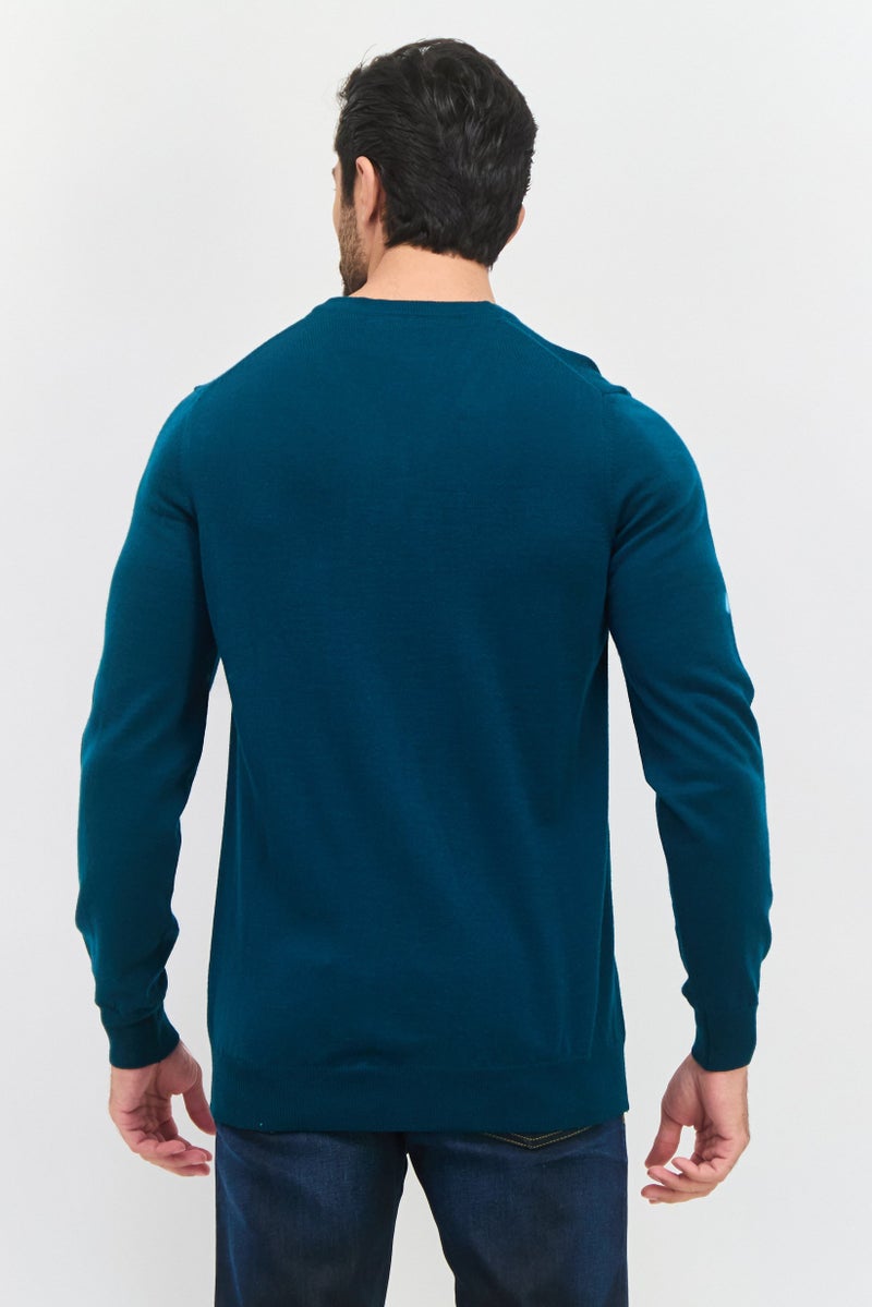 Lyle & Scott Men V Neck Embroidered Logo Long Sleeve Sweater, Teal - Image 3