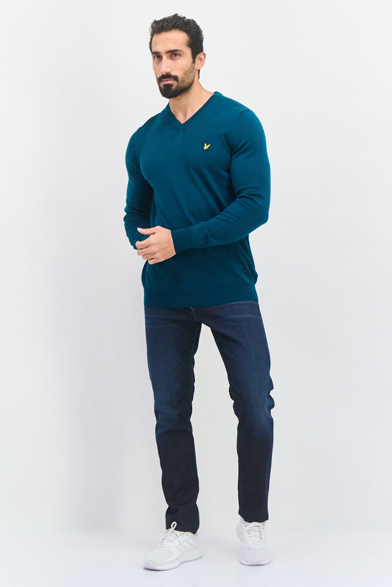 Lyle & Scott Men V Neck Embroidered Logo Long Sleeve Sweater, Teal - Image 4
