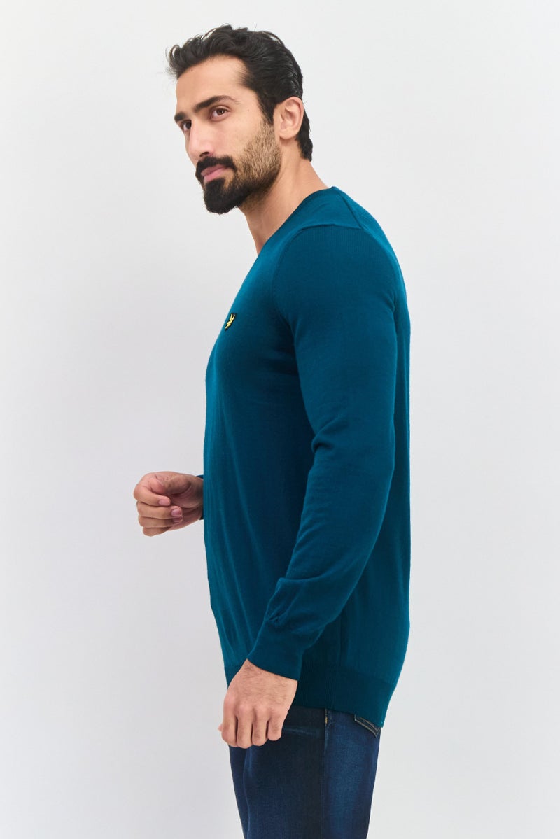 Lyle & Scott Men V Neck Embroidered Logo Long Sleeve Sweater, Teal - Image 2