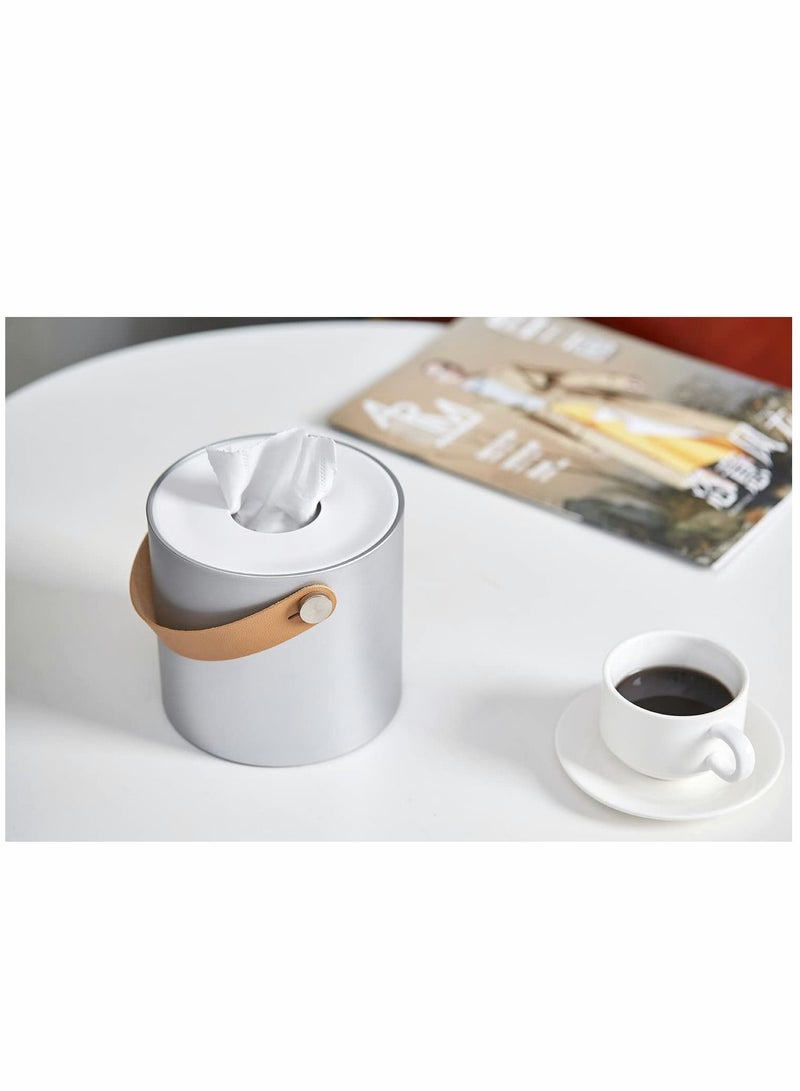 Excefore Tissue Box Holder Tissue Dispenser Modern Round Plastic Box Cover Napkin Organizer with Leather Handles for Bathroom Vanity Tops Dressers Bedside Tables Desks and Tables  - Image 4
