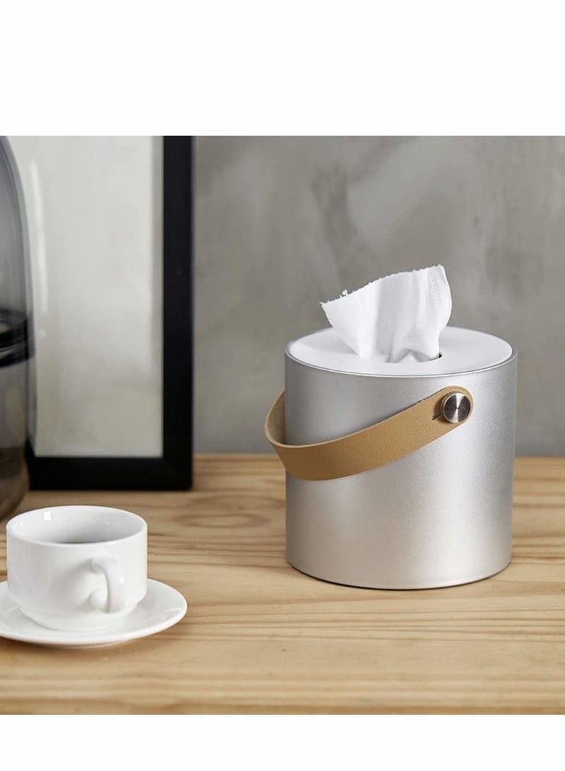 Excefore Tissue Box Holder Tissue Dispenser Modern Round Plastic Box Cover Napkin Organizer with Leather Handles for Bathroom Vanity Tops Dressers Bedside Tables Desks and Tables  - Image 5