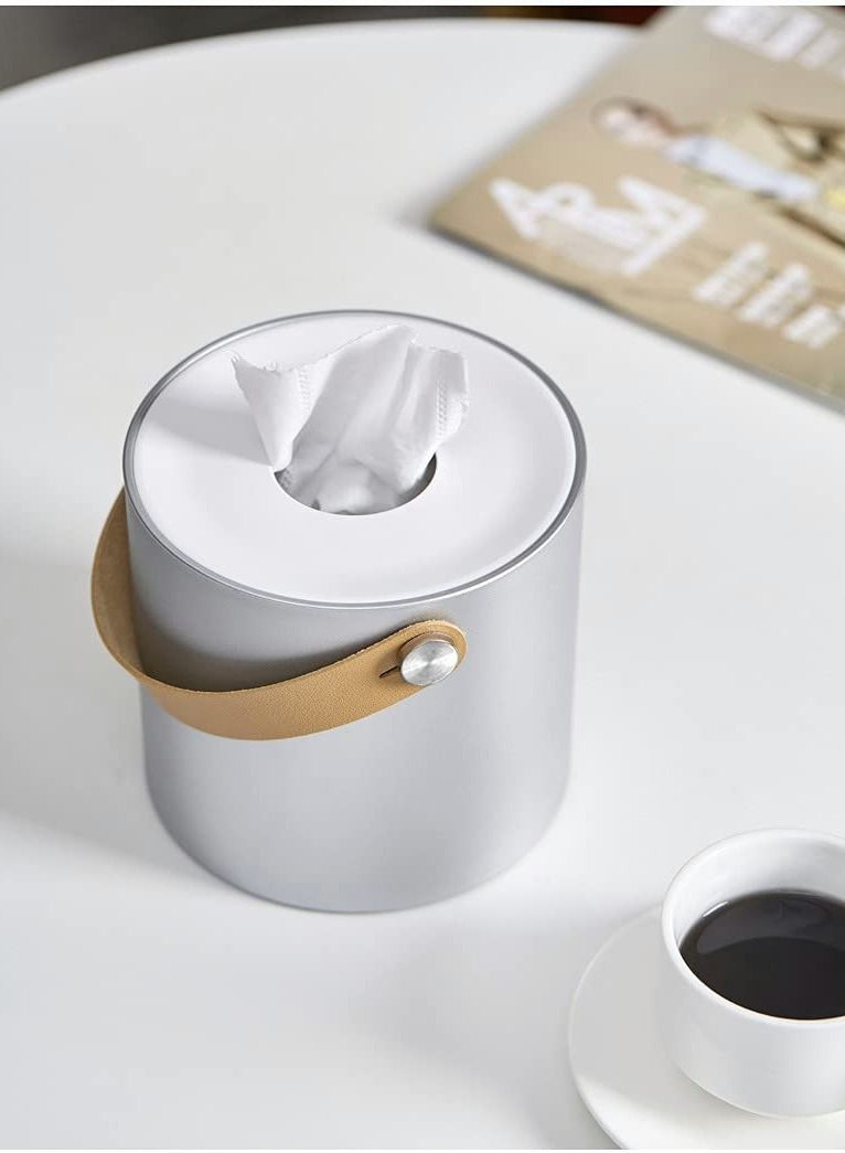Excefore Tissue Box Holder Tissue Dispenser Modern Round Plastic Box Cover Napkin Organizer with Leather Handles for Bathroom Vanity Tops Dressers Bedside Tables Desks and Tables  - Image 2